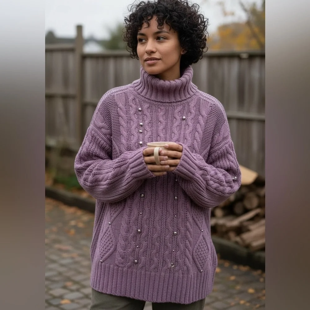Relativity Lavender Cable Knot Chunky Studded Sweater size Large